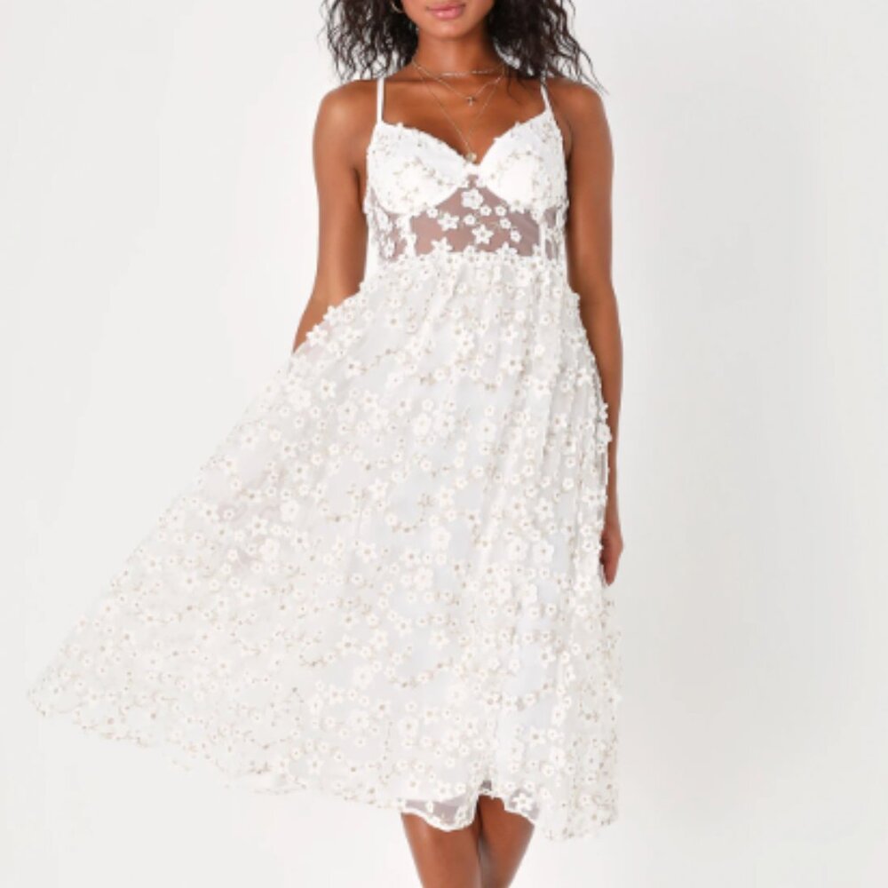 Lulu's Darling Romance White Tulle Floral Applique Bustier Midi Dress